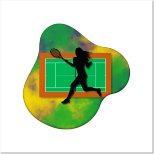 Tennis Player with Tennis Court Background and Wimbledon Colours 3 Posters and Art